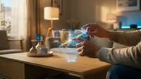 Person using holographic interface technology with floating digital elements in modern living room setting for futuristic communication concepts.