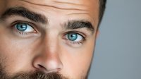 Close-up portrait of young Caucasian man with striking blue eyes and well-groomed eyebrows against neutral gray background, conveying intensity and emotion.