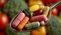 Colorful vitamin and supplement capsules on metal spoon with fresh vegetables in background for healthy lifestyle and nutrition concepts.