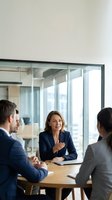 Professional businesswoman leading corporate meeting with diverse team in modern glass conference room discussing strategy and collaboration.
