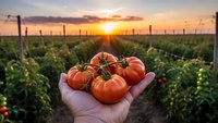 Fresh ripe tomatoes held in farmer's hand at sunset in agricultural field. Organic vegetable harvest concept for healthy eating and sustainable farming.