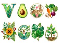 Colorful watercolor alphabet letter V with fresh avocado, rabbit, vegetables, sunflower, and leafy greens isolated on white background for educational designs and children's materials.