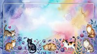 Watercolor cats border frame with colorful pastel background, floral elements, paw prints, and yarn balls, perfect for greeting cards and stationery.