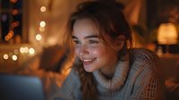 Young Caucasian woman in cozy turtleneck sweater smiling while looking at laptop screen in warm evening atmosphere with bokeh lights and soft illumination in background.