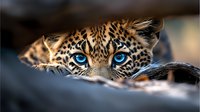 Close-up portrait of young leopard cub with intense bright blue eyes peeking through blurred foreground, showing spotted fur pattern and alert expression.