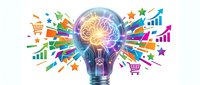 Creative business innovation lightbulb with colorful icons and symbols radiating outward representing ideas, growth, marketing and digital commerce solutions.
