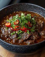 Spicy beef stew garnished with fresh chili peppers, cilantro and sesame seeds in dark ceramic bowl. Rich brown sauce with tender meat pieces for Asian cuisine.