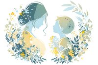 Romantic silhouettes of couple surrounded by delicate floral elements in soft blue, yellow and green watercolor style, expressing tender relationship and love.