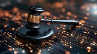 Wooden judge gavel on digital circuit board with glowing orange lights, representing cyber law and digital justice in modern technology era.