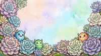 Watercolor succulent garden border with cute kawaii animals isolated on white background, perfect for invitations, cards, and design projects.