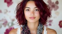 Young Asian woman with vibrant burgundy bob hairstyle against floral background, wearing white lace top and patterned scarf, showcasing modern beauty style.