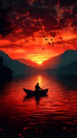 Silhouette of lone fisherman in boat against dramatic red sunset sky with flying birds over mountain lake, reflecting golden sun rays on calm water surface.