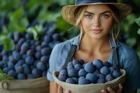 Young Caucasian woman in straw hat holding basket of fresh harvested figs in vineyard, agricultural seasonal work concept for organic farming.