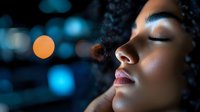 Young African American woman with closed eyes and serene expression against dark background with blue bokeh lights and orange glow, showcasing natural beauty and peace.