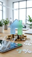 Gradient house model surrounded by stacked coins on wooden desk with upward arrow chart, percentage symbols, and smartphone displaying growth graph in bright office with plants and windows.