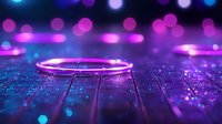 Glowing neon ring on wooden surface with purple and blue bokeh lights creating magical atmosphere. Sparkles and reflections add depth to dark background.