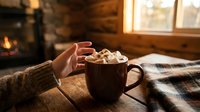 Cozy winter cabin scene with hot cocoa topped with marshmallows, warm fireplace glow, plaid blanket, and a hand reaching for the mug.