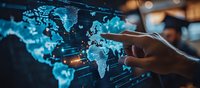 Finger pointing at glowing blue digital world map interface with network connections and data visualization elements on dark background for global business concept.