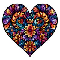 Vibrant floral heart shape with colorful swirls and ornate details on black background, featuring folk art style blooms in orange, purple, yellow and blue tones.