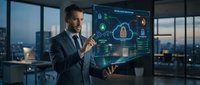 Businessman in dark suit analyzing digital security interface with holographic padlock and network icons on transparent screen in modern office with city skyline view.