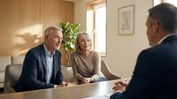Two mature professionals, a gray-haired man and blonde woman, sit at a conference table during a business meeting with a male colleague. Corporate office setting with wooden walls and natural light for business communication concepts.