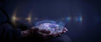 Elderly hands holding glowing holographic brain with neural networks against dark blue background representing artificial intelligence and medical technology.