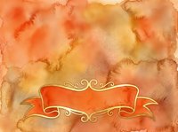 Watercolor background in warm orange and golden tones with decorative red ribbon banner, isolated on transparent background, ready for design projects, invitations, and branding applications.