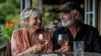 Senior Caucasian couple enjoying rose wine on outdoor patio, sharing romantic moment with genuine smiles and casual attire against blurred garden background.