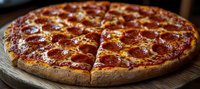 Fresh pepperoni pizza with melted cheese and crispy crust on wooden board, golden brown edges and savory toppings create appetizing meal presentation.