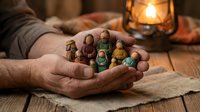 Person holding small wooden nativity figurines in cupped hands over rustic wooden surface with warm lantern light, depicting religious celebration and family tradition.
