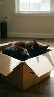 Black cat sleeping peacefully in cardboard box near sunny window in cozy home interior for pet care and comfort concepts.