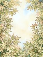 Watercolor autumn foliage frame with Japanese maple leaves in golden and green tones surrounding cream center space, ideal for seasonal designs and fall backgrounds.