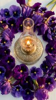 Vintage oil lamp surrounded by purple pansy flowers creating romantic ambiance for meditation, aromatherapy, spa treatments and wellness practices.