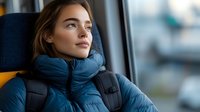 Young woman in blue winter jacket looking thoughtfully through window while traveling by public transport, commuting in cold season.