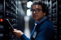 Hispanic male IT specialist in glasses working in dark server room with network equipment, holding tablet device while monitoring data center systems.