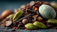 Dark chocolate pieces with cardamom pods, cocoa beans and speckled egg create artisanal confectionery display for gourmet cooking and baking projects.