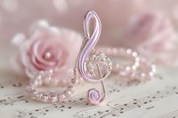 Pink treble clef brooch with rhinestones on sheet music, accompanied by pearl necklace and delicate rose in soft pastel tones, romantic musical composition.