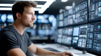 Professional male technician monitoring multiple computer screens in modern control room facility for security surveillance and data analysis operations.