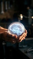 Hands holding glowing holographic brain in transparent sphere representing artificial intelligence, neuroscience, mental health and innovative technology.