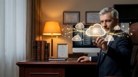 Mature businessman with gray hair analyzing glowing data visualization charts in modern office environment with warm lighting and professional decor.