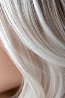 Close-up of platinum blonde hair strands flowing in gentle waves against neutral beige background, showing detailed texture and shine of healthy bleached hair.