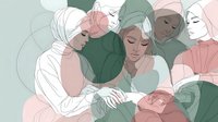 Diverse women in pastel colors supporting mother with newborn baby, illustrating community care and maternal support in minimalist artistic style.