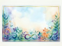 Watercolor autism awareness frame with puzzle pieces, infinity symbols, and botanical elements in soft pastel colors on isolated white background, suitable for awareness campaigns, educational materials, and inclusive design projects.