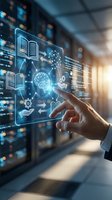 Businessman hand touching digital interface with glowing brain, book icons, and network connections on transparent screen in modern server room for artificial intelligence and knowledge management.