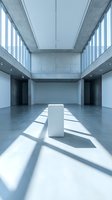 Modern minimalist concrete interior with white pedestal in spacious gallery hall featuring natural light and geometric shadows for contemporary design.