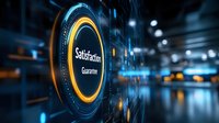 Glowing satisfaction guarantee badge with futuristic digital interface and blue technology background showing quality assurance and customer service concept.