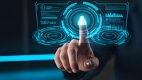 Businessman finger touching futuristic holographic interface with glowing blue digital elements and data visualization for technology presentations.