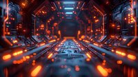 Futuristic sci-fi corridor with glowing orange lights and blue ceiling illumination in spaceship or high-tech facility, creating dramatic perspective view down technological tunnel.