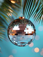 Shiny disco ball ornament hanging against turquoise background with palm leaves, creating festive party atmosphere for celebration decor.