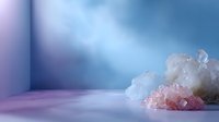 Pink and white salt crystals on smooth surface against dreamy blue and purple gradient background, minimalist composition for wellness and spa marketing.